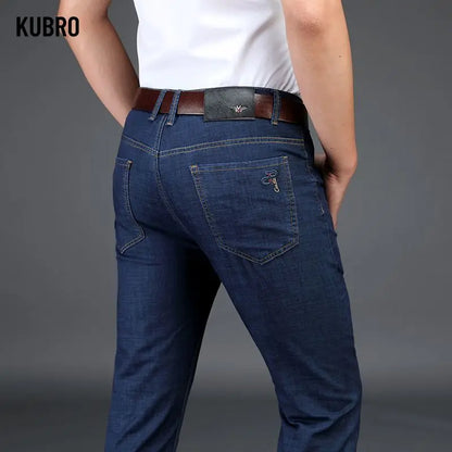Classic Straight Men's Jeans Fitted Comfortable Elastic Business Casual Denim Pants Korean Fashion  Autumn Casual Trousers.