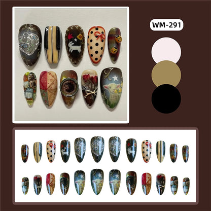 24pcs Vintage Country Style False Nails Cute Cartoon Little Lamb Rabbit Rose Printed Press On Nails Wave Point Bows Fake Nail.