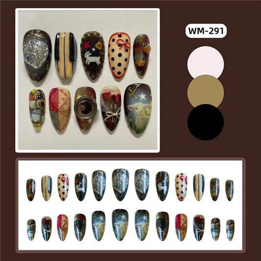 24pcs Vintage Country Style False Nails Cute Cartoon Little Lamb Rabbit Rose Printed Press On Nails Wave Point Bows Fake Nail.