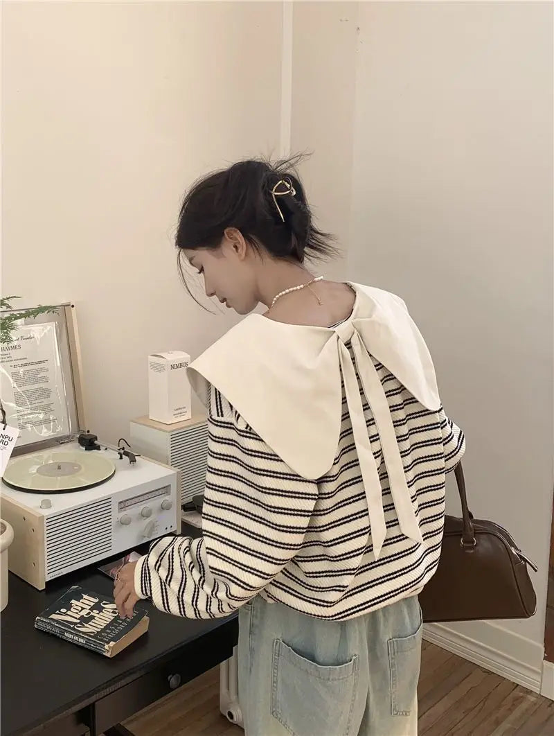 Oversized New Women Clothing Korean Patchwork Peter Pan Collar Sweatshirts Female Casual Striped Long Sleeve Loose T-Shirts Tops.