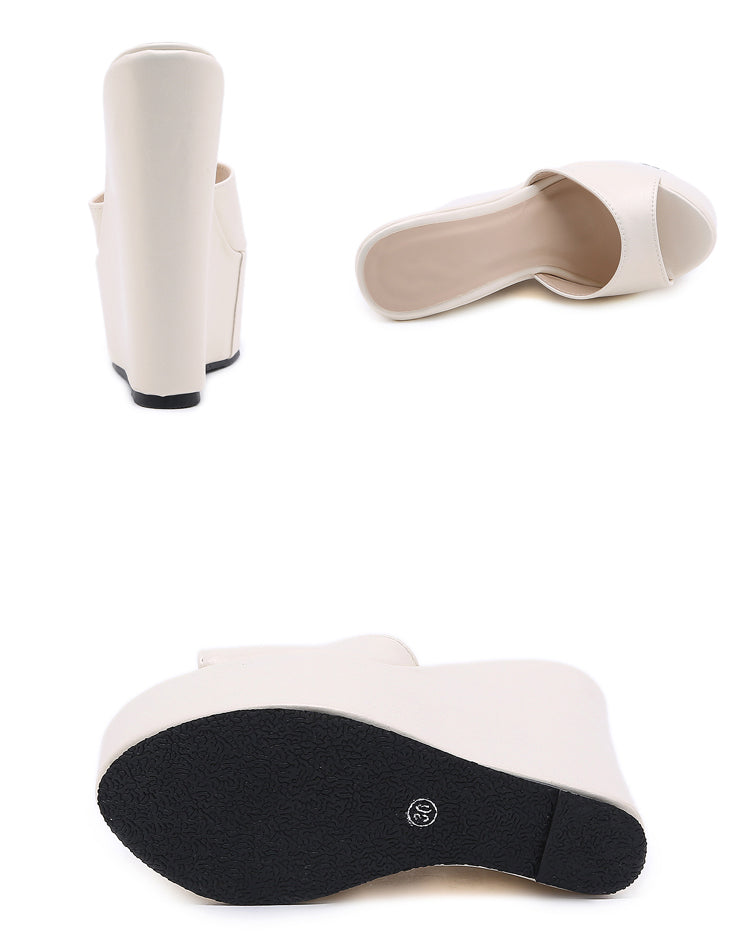 Aneikeh 2025 Fashion Peep Toe Wedges Heel Outside Women Slippers Concise PU Platform Slip On Summer Beach Mules Apricot 35-42.