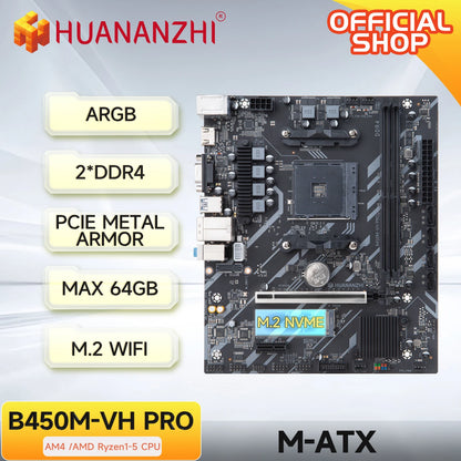 HUANANZHI AMD B450M VH PRO Gaming Motherboard USB3.0 M.2 Nvme Sata3 Supports Ryzen 5500 5600 5600G CPU.