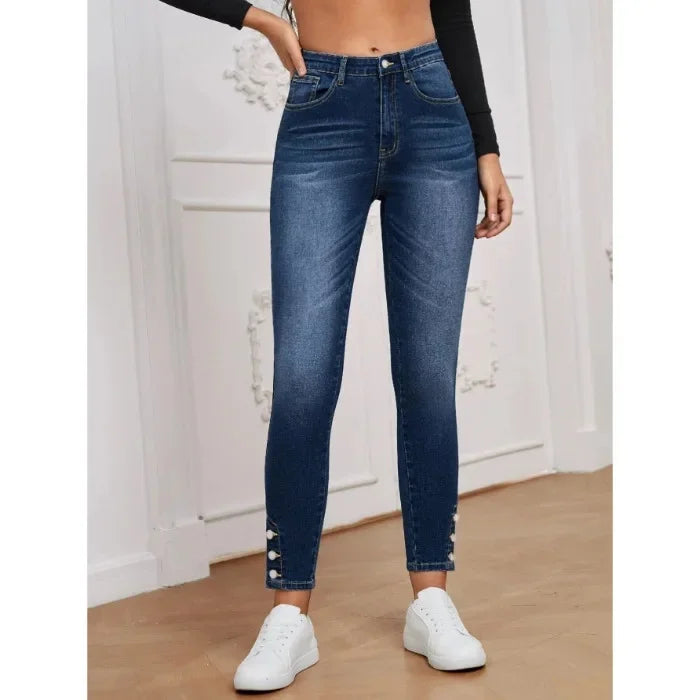 Elastic Women's Jeans Nine-Piece Buttoned Slim Fit Blue Polypropylene Women's Pencil Pants Tight-Fit Trousers.