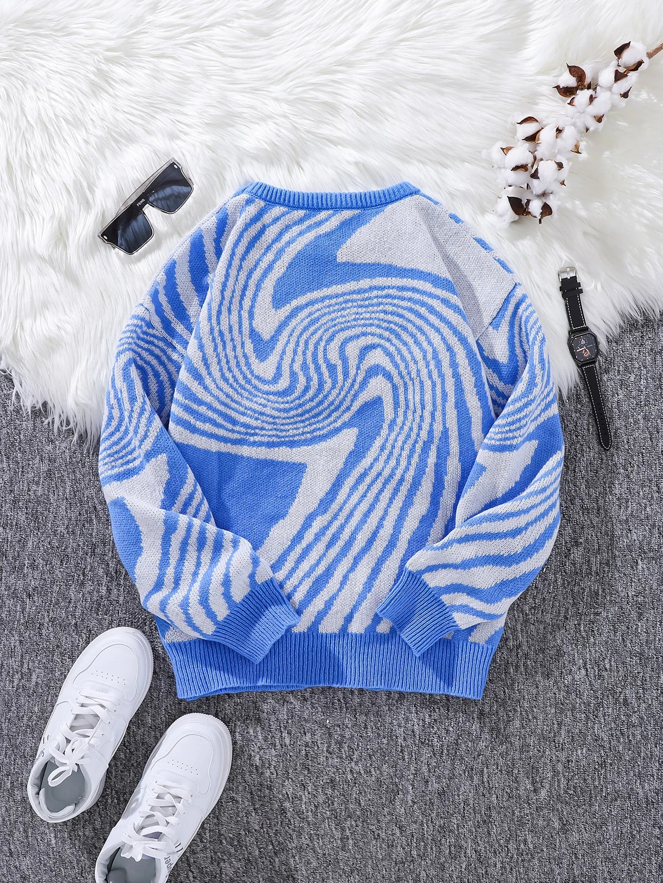 New Popular Street Ripped Abstract Starry Sky Pattern Pullover Ripped Sweater Casual Round Neck Knitted Men's Pullover.