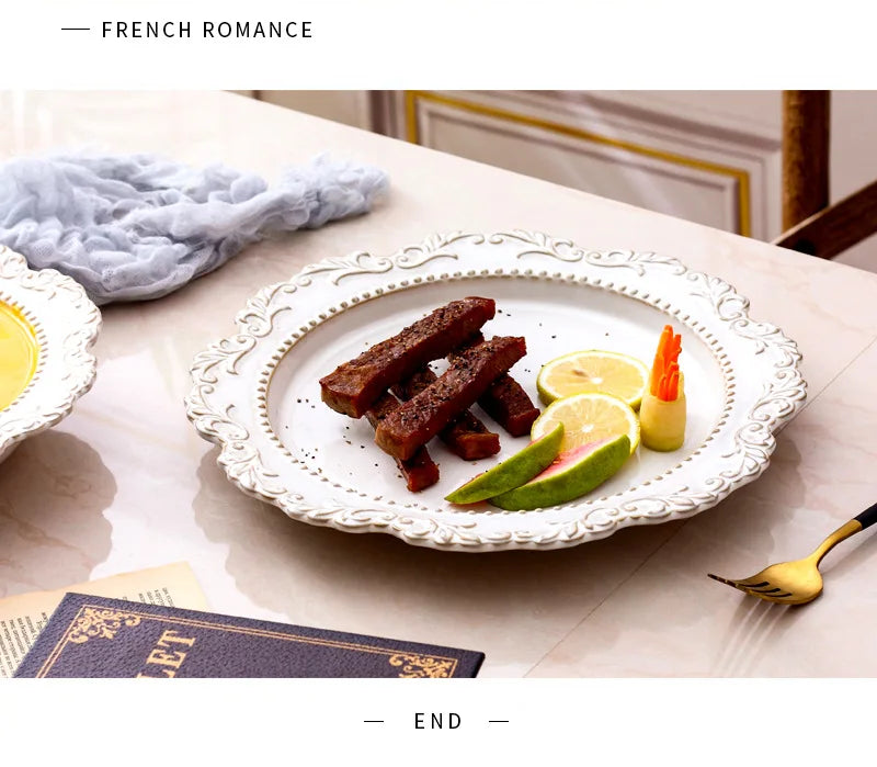 French Baroque Retro Relief Court Style Ceramic Dinner Plate European Tableware Western Food Plate Soup Plate Bowl Set.