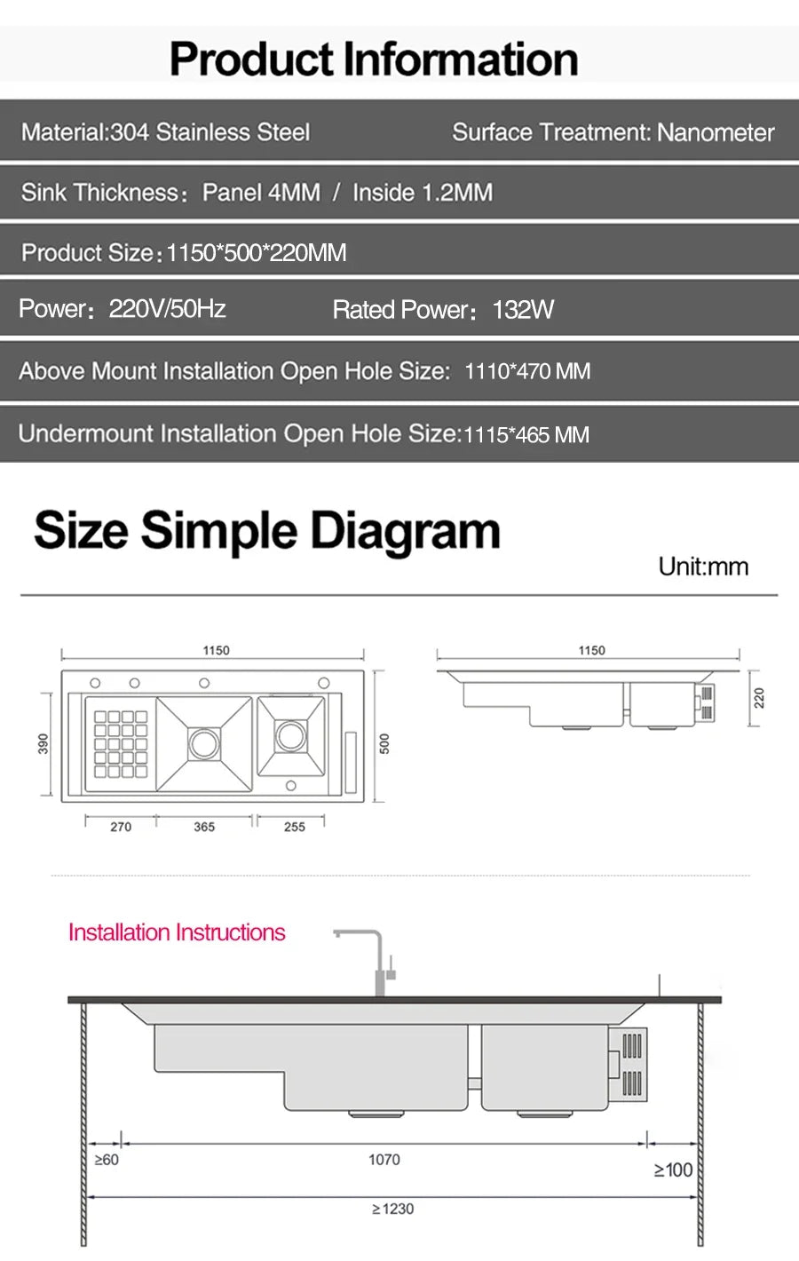 ASRAS Large Size Smart Purifying Kitchen Sink Handmade Step Sink Smart Purifying Kitchen Island Sinks 11550 NJH