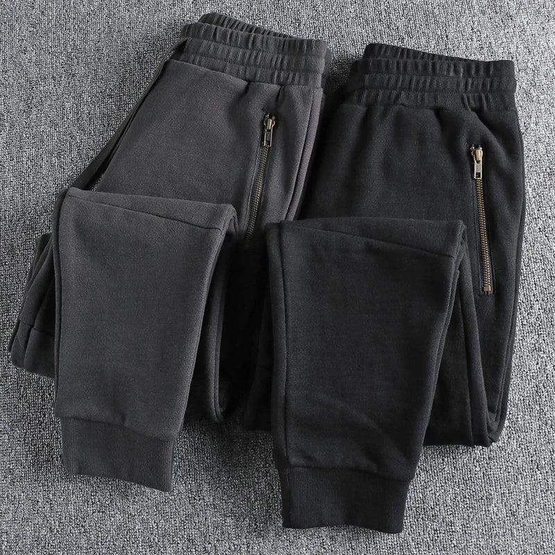 Autumn Winter American Retro Thick Sweatpants With Velvet Men's Pure Cotton Washed Heavyweight Knitted Sports Ankle-tied Pants.