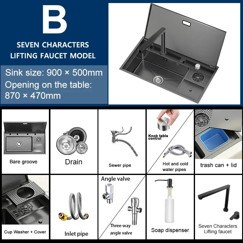 Hidden Cup Washer Sink With Cover Kitchen Sink Stainless Steel Washbasin Multifunctional Large Single Slot For Kitchen