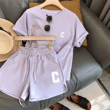 Women Tracksuit C Letter Print Short Sleeve T-shirt Drawstring Shorts Sport Suit Lady Exercise T-shirt Shorts Two-piece Suit.