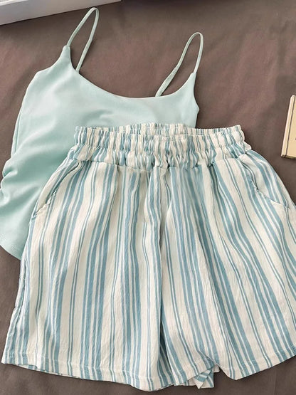 Einfarbiger Pyjama mit Brustpolstern, gestreifte Shorts für Damen, Sommer, dünne Leibchen-Shorts, Loungewear, großer Pyjama, zweiteiliges Set