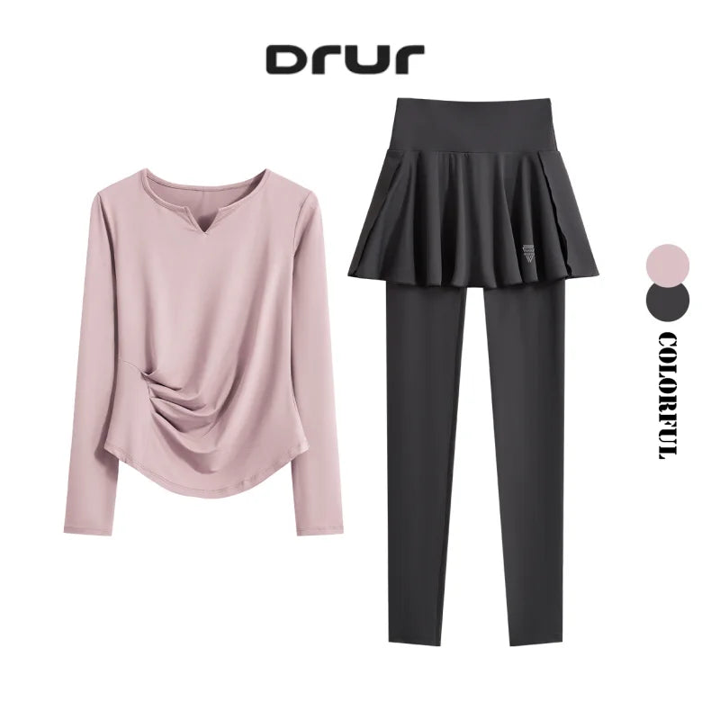 DRUR Autumn Yoga Set 2 Piece Sportswear Outfit Women Long Sleeve Workout Top High Waist Leggings Suit Tennis Sets 2pcs Tracksuit.