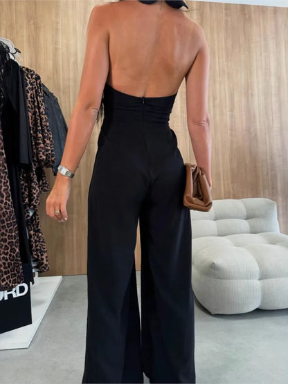 Sexy Backless Halter Neck Sleeveless Bandage Jumpsuit Summer Women Fashion Red Black Hollow Out Wide Leg Jumpsuits Streetwear.