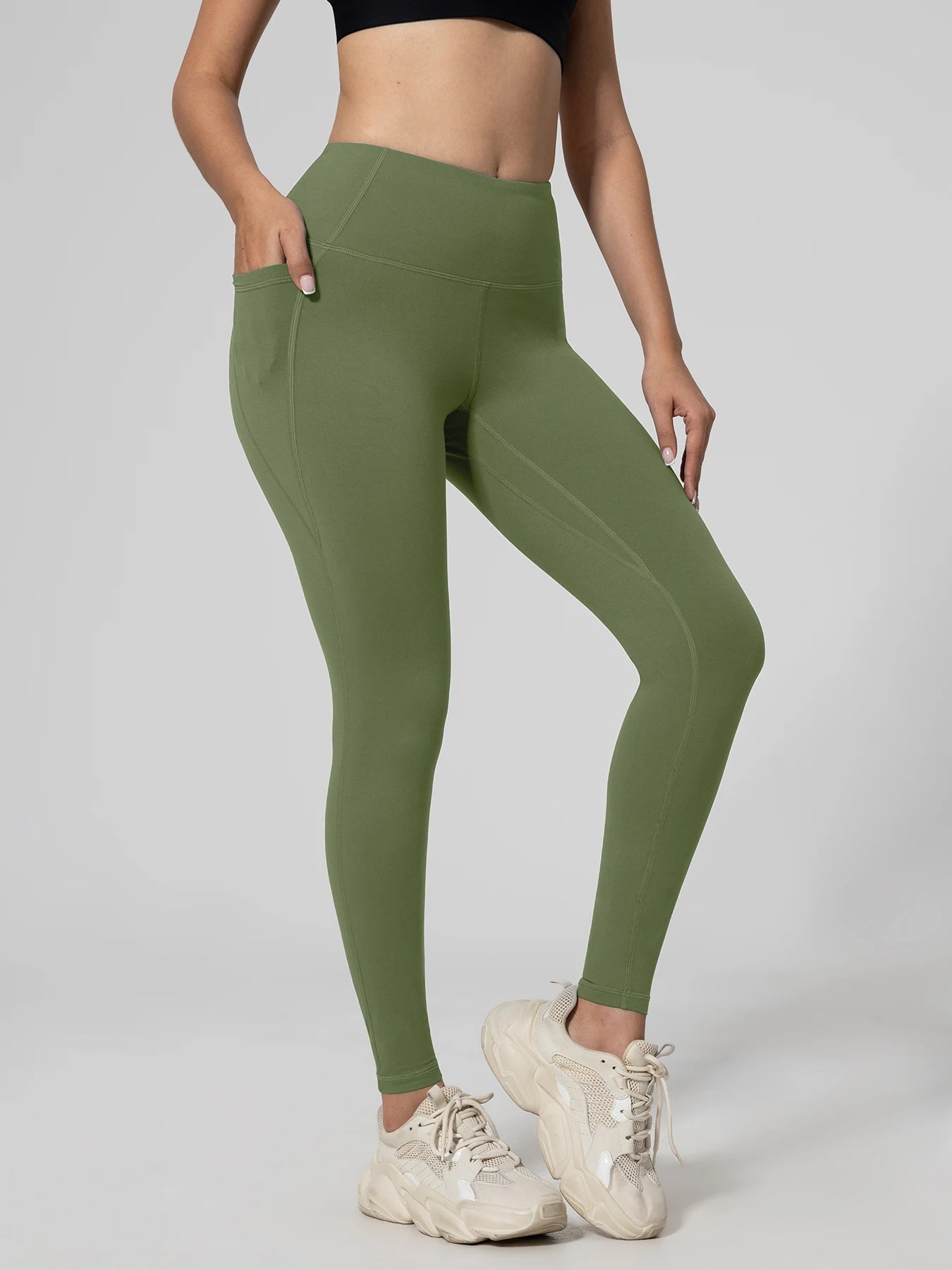 Nahtlose Damen-Leggings mit Taschen, einfarbig, hohe Taille, Po-Lifting-Strumpfhose, schlanke elastische Leggings, Sportbekleidung.