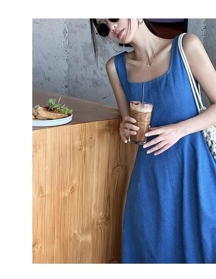 Blue Mist Love Französisches Jeanskleid für Damen, Sommer, einzigartiges Design, Taille, Cinching-Riemen, langes Kleid, elegante blaue Polyesterfaser