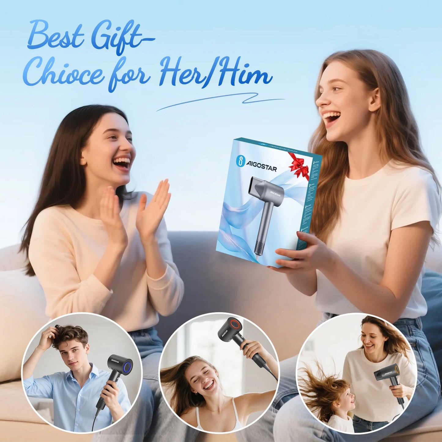 Aigostar Nora - Hair Dryer, 110,000 rpm High-Speed Hair Dryer with 200 Million Negative Ions, 55 dB Low-Noise Hair Dryer