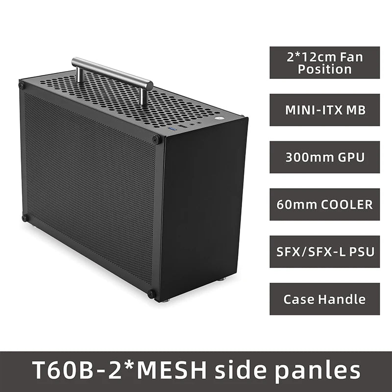 METALFISH T60 Mini ITX Black Case 9L Gaming Computer Chassis Compact transparent PC Support SFX PSU/300mm GPU