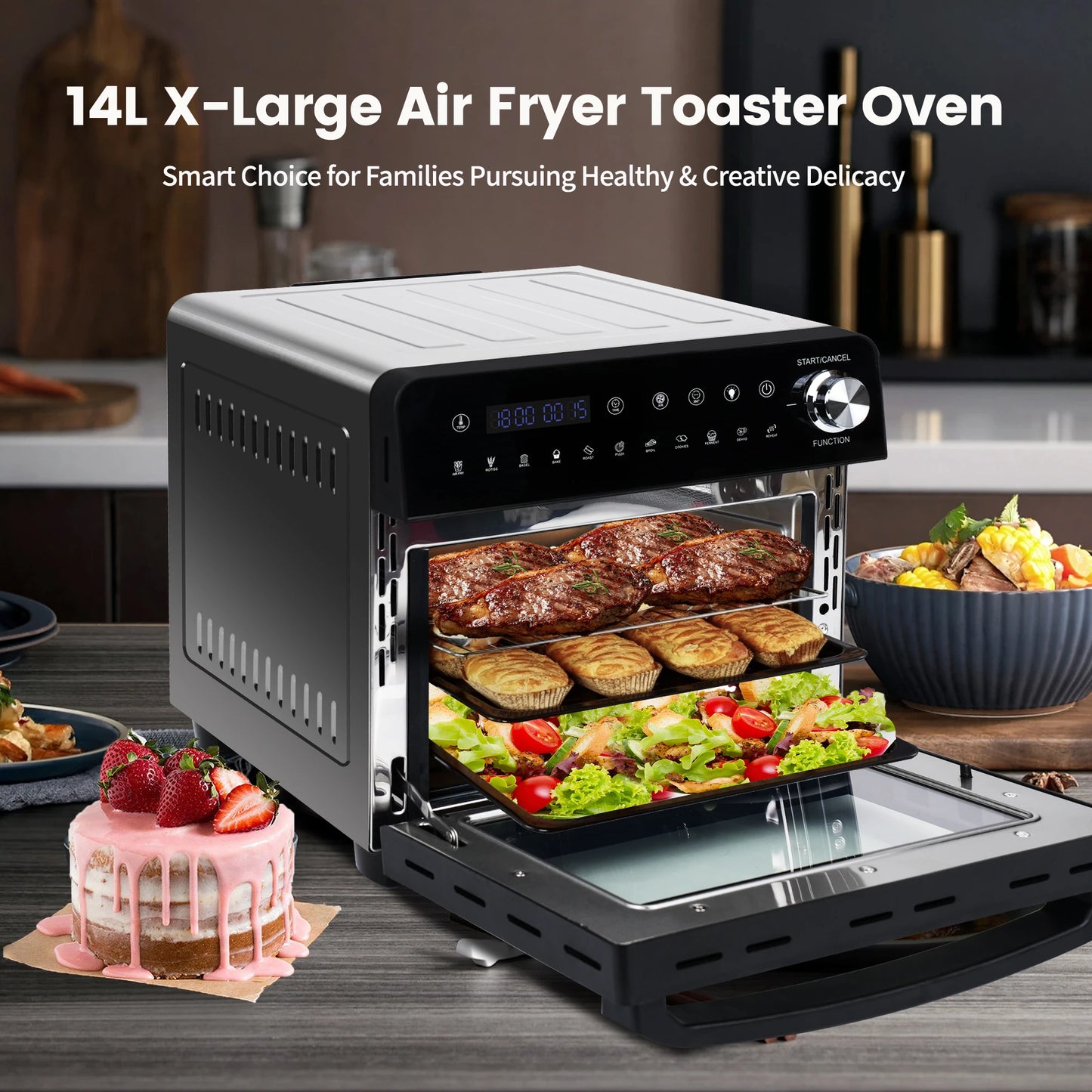 Hot Air Fryer 14L XXL Airfryer Mini Oven 1800W with 11 Programmes LED Screen, 5 Accessories Including Rotisserie and Recipe Book.