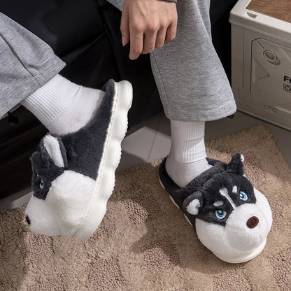 Women Indoor Cotton Slippers Cute Cartoon Dog Winter Warm Shoes Couples Home Floor Slides Anti-slip  Female Male House Footwear.