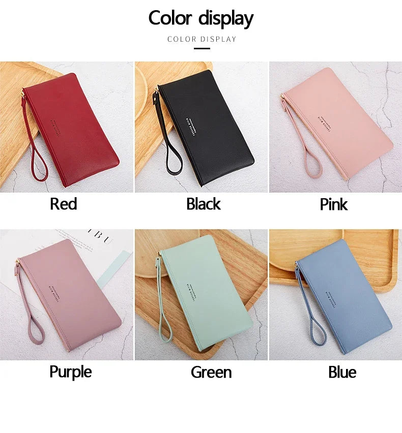 MIYIN Simple and Fashionable Women's Ultra Thin Long Wallet Solid Color PU Leather Zipper Wallet Large Capacity Portable Handbag.