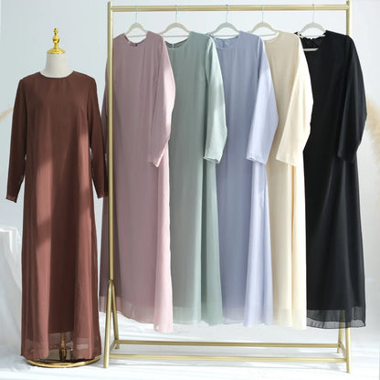 Chiffon Sheer Open Abaya Set Hijabi Muslim Women Party Ramadan Islamic Clothing  Dubai Turkey Kaftan Crepe Kimono Open Abayas.