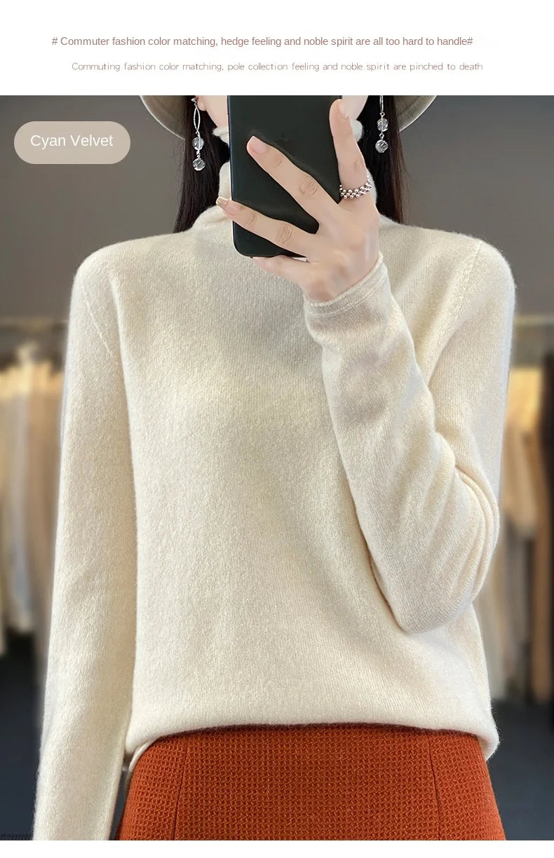 2025 100% Merino Wool Sweater Elegant Cashmere Pullover Women Pile Collar Long Sleeve Knitwear Basic Clothing  Jumper Tops.