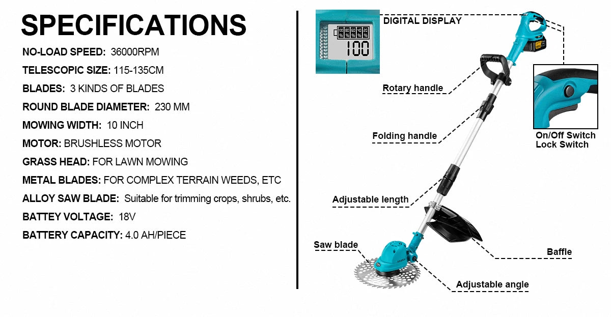 G perfil 10 Zoll bürstenloser elektrischer Rasenmäher, faltbarer Schneider, kabelloses Garten-Gras-Schneid-Trimmer-Werkzeug für Makita 18 V Akku-Pin