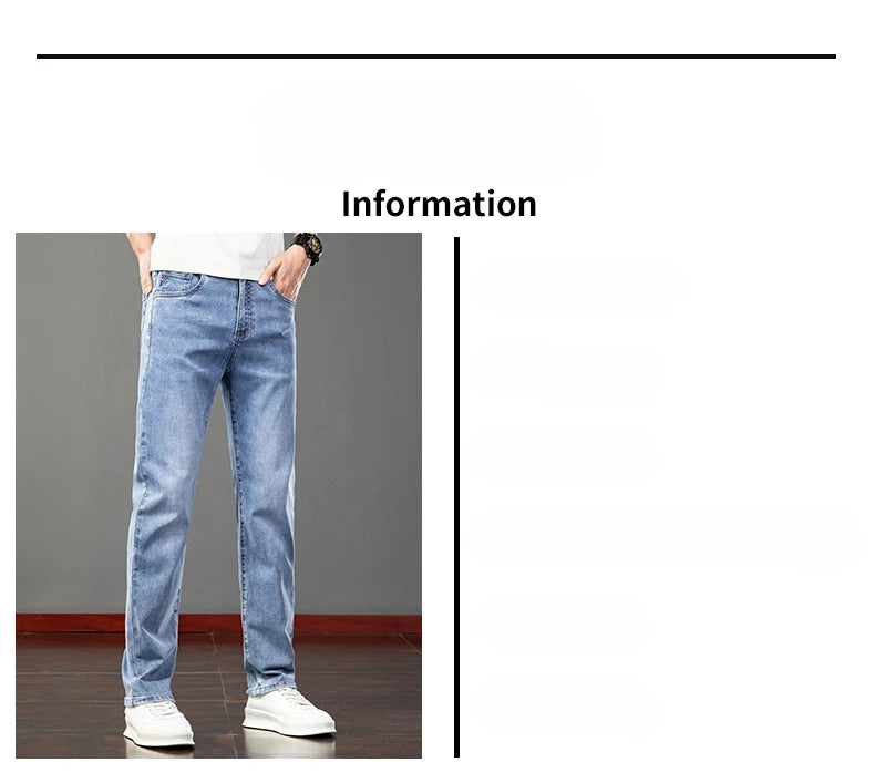 Spring Summer Thin Slim Fit Jeans Mens Elastic Straight Casual Business Denim Pants Washed Classic Brand Clothing Men Trousers.