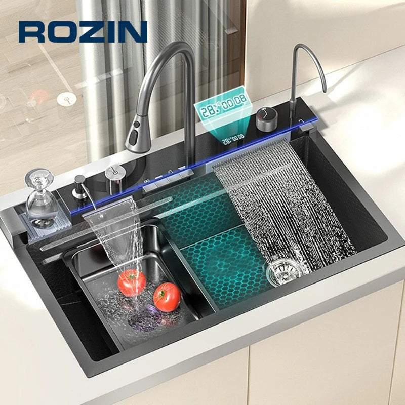 Küchenspüle aus Edelstahl 304 mit Digitalanzeige, Wasserfall-Wasserhahn, multifunktionales 75 x 45 cm großes Wal-Waschbecken mit einem Schlitz