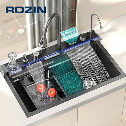 Küchenspüle aus Edelstahl 304 mit Digitalanzeige, Wasserfall-Wasserhahn, multifunktionales 75 x 45 cm großes Wal-Waschbecken mit einem Schlitz