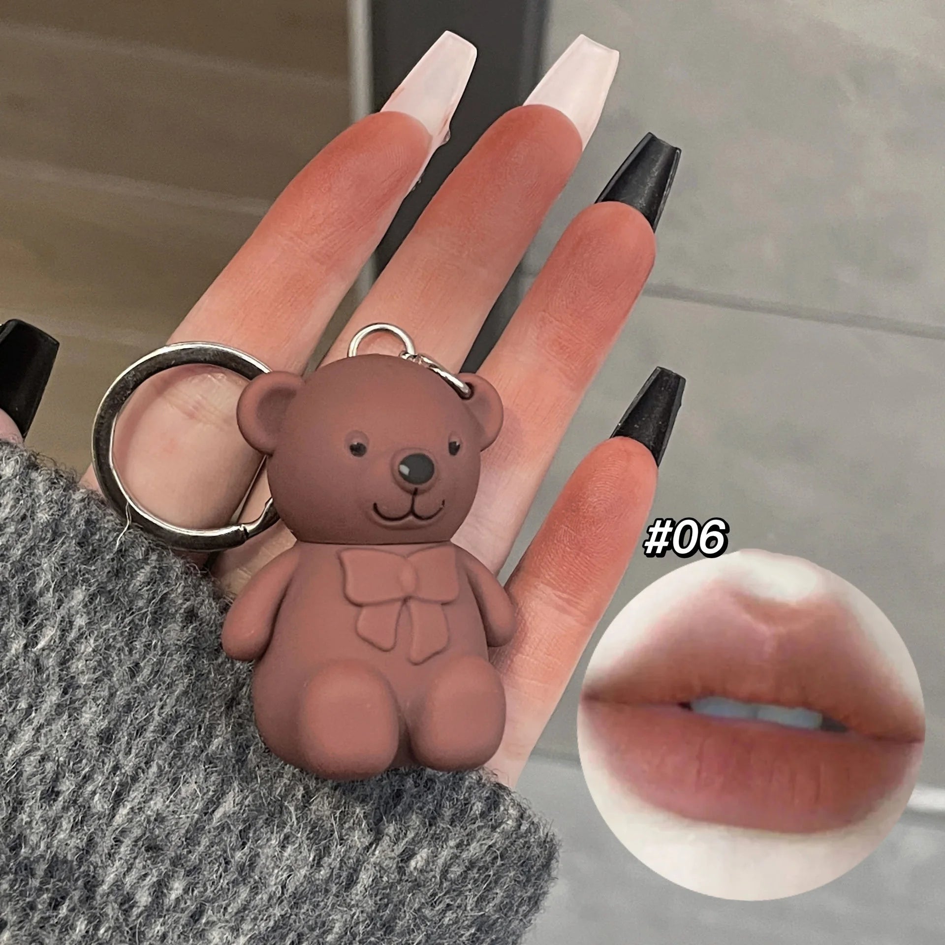 Cute Bear Keychain Matte Velvet Lip Gloss Mirror Brown Lipstick Waterproof Long Lasting Non-Stick Cup Lip Mud Korean Cosmetic.