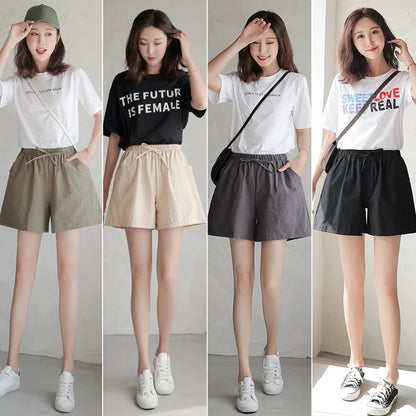 Summer Cotton Linen Shorts Women's Sports Shorts Solid High Waist Black Shorts Women Fashion Casual Basic Short.