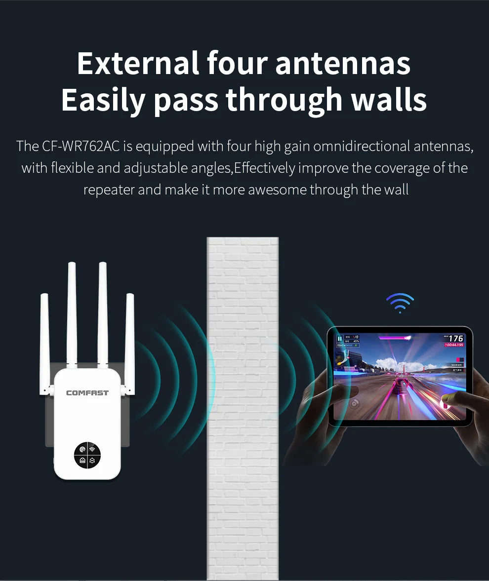 Comfast 1200Mbps Wifi Repeater 2.4/5G Dual-band Wireless WIFI Extender Smart Screen Home Router 4 Antennas WPS/RESET EU Plug.