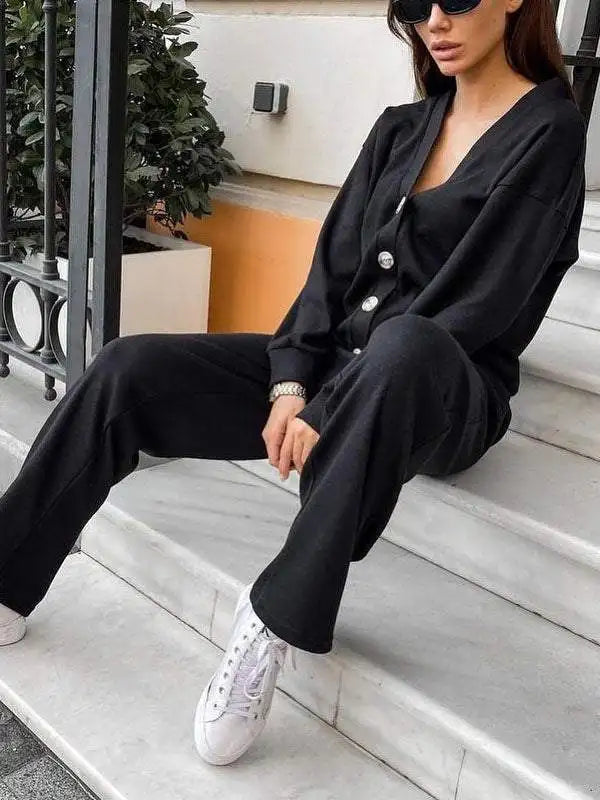 Autumn Fashion Knitted Cotton Women's Sports Jacket Suit Simple Trousers Pocket Casual Cardigan Elegant 2-piece Set Female.