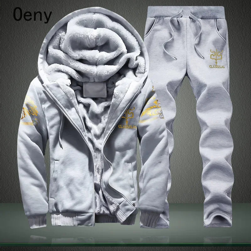 New Winter Fleece Thicken Men's Two-piece Zipper Sports Set Hooded Thermal Suit Casual Oversized Tracksuit 4XL 5XL Funny Suit