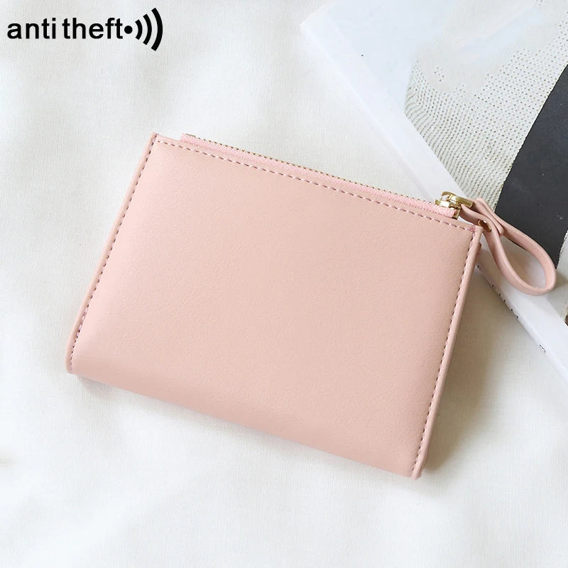 RFID Anti-Theft Short Card Bag for Women, Brush, PU, Solid Color, Zipper Buckle, Multi-functional Fashion, Small Purse.