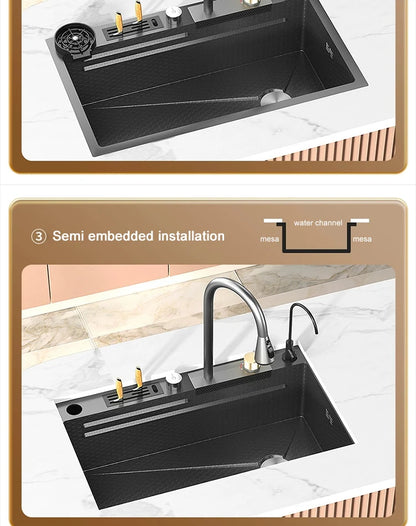 Large Single Slot Embossed Stainless Steel Waterfall Kitchen Sink  Household Wash basin Dishwashing  Sink For Kitchen