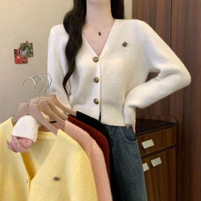 Women Clothes Spring Autumn Fashion Casual Button Solid Color Ladies All-match V-neck Long Sleeve Appear Thin Knitwear Cardigan.