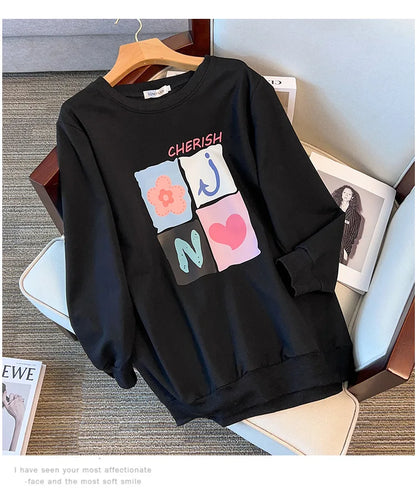 175kg plus size Damen büste Frühling Herbst lose Langarm bedrucktes Sweatshirt Top schwarz rosa 6xl 7xl 8xl 9xl 10xl 11xl