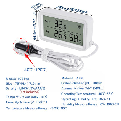 Tuya Wi-Fi Temperature and Humidity Sensor With External Probe Smart Digital LCD Screen Work with Smart Life Google Assistant.