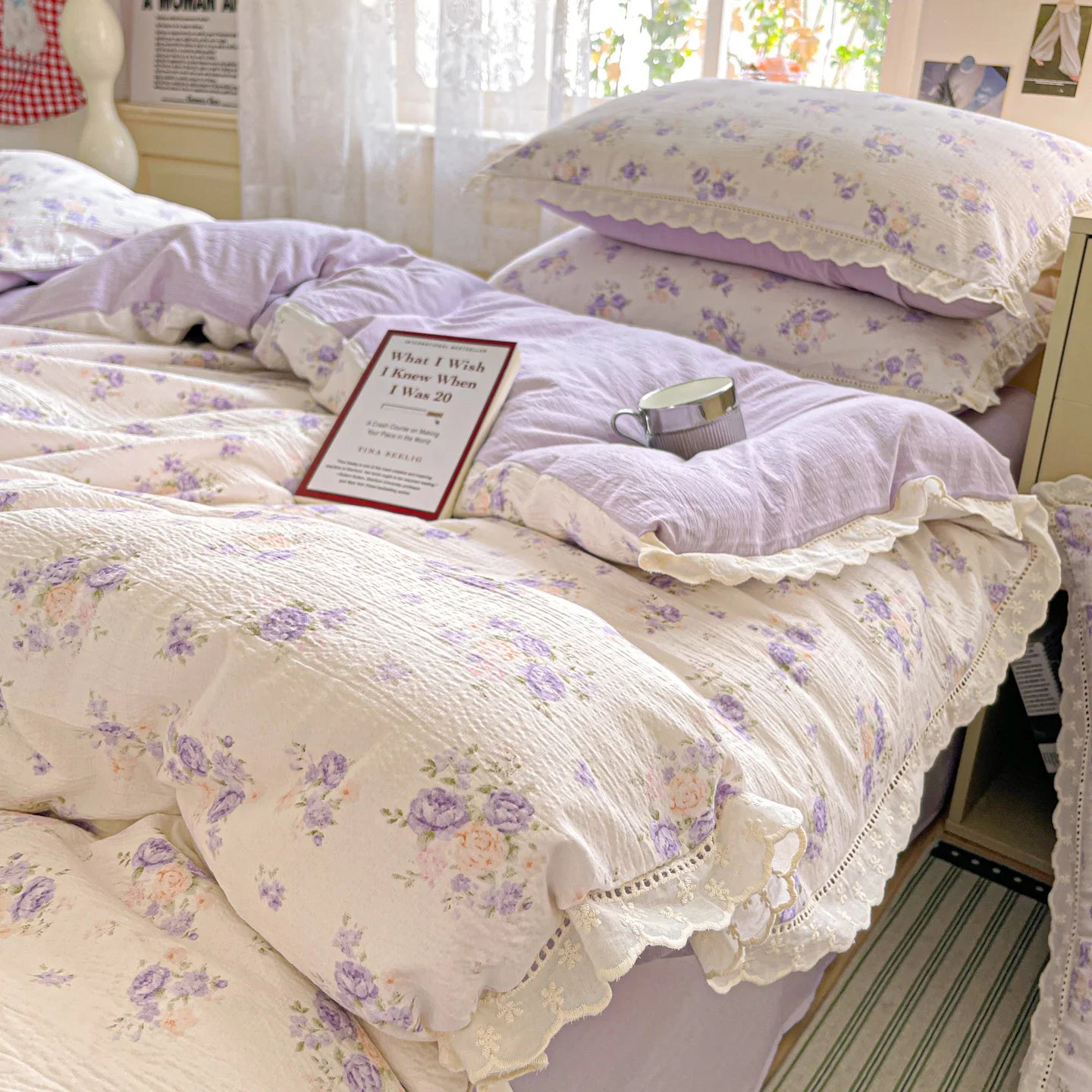 2025 new small fresh printing French lace lace double four-piece set bedding wrinkled yarn student three-piece set