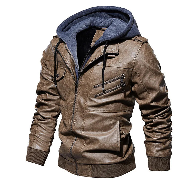 American Autumn and Winter Men's Leather Jacket Top Men's Warm Hooded Jacket, Men's Casual Trendy Jacket.