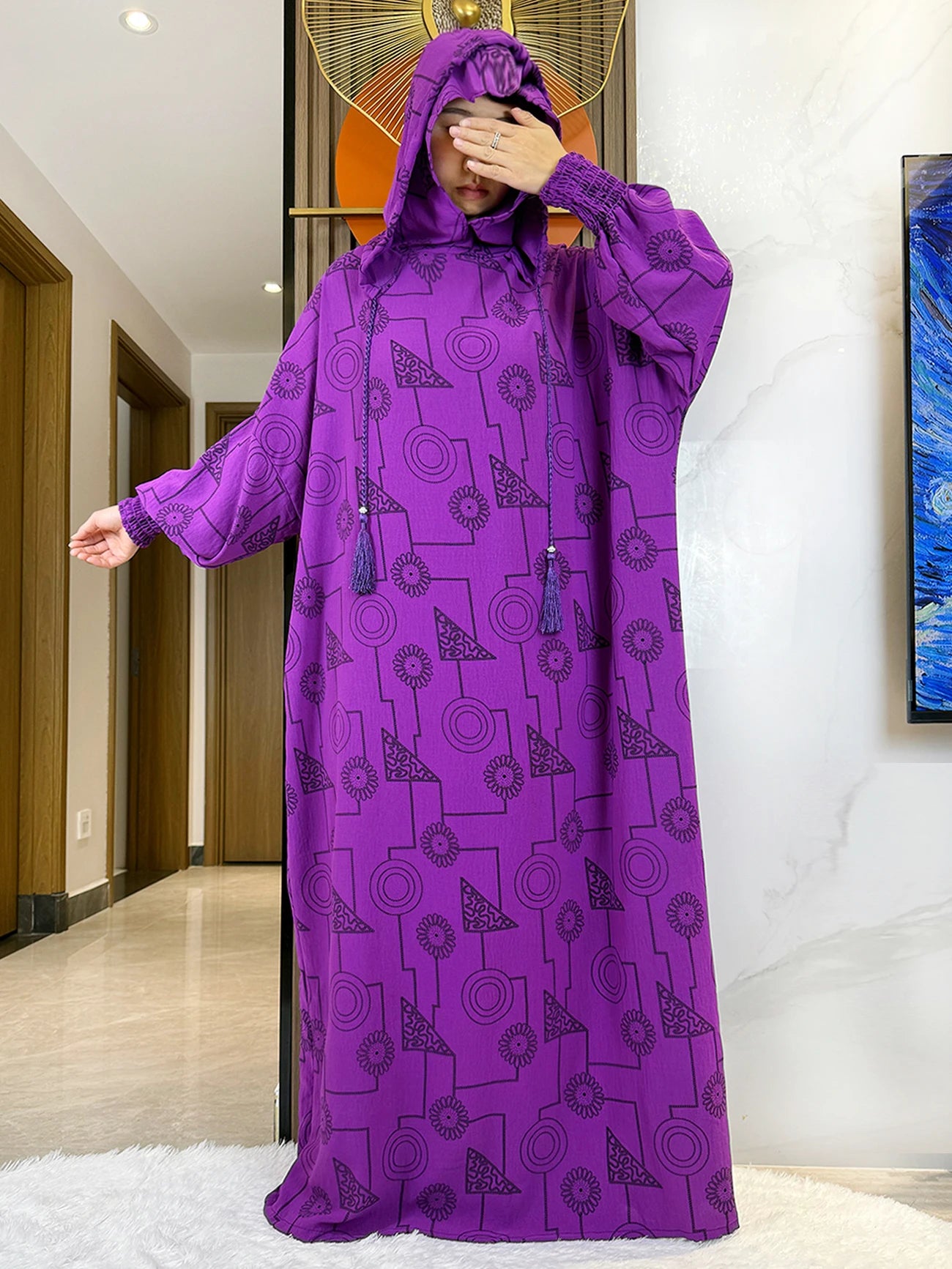 Promotion New Double Hat Women Abaya With Hooded Irregular Pattern Long Abaya Tassel Muslim Saudi Prayer Kaftan Oriental Robes.