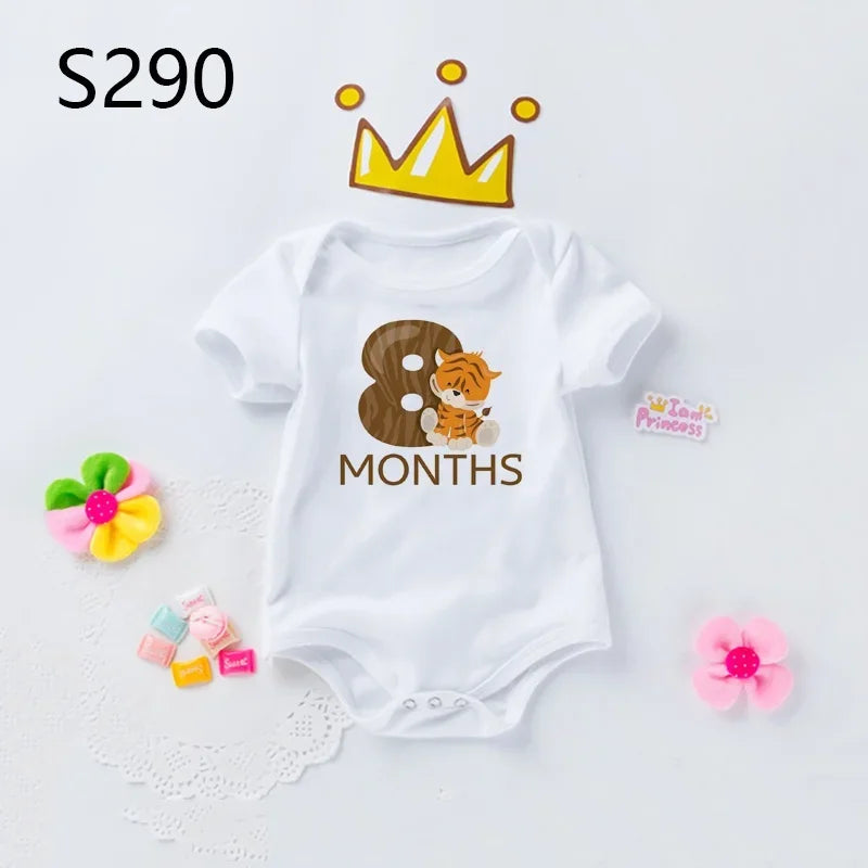 Monatlicher Meilenstein-Baby-Body, niedliches Tier, 1–12 Monate, Einteiler, Babyparty, Geschenk, Monatsbilder, monatliche Overall-Kleidung.