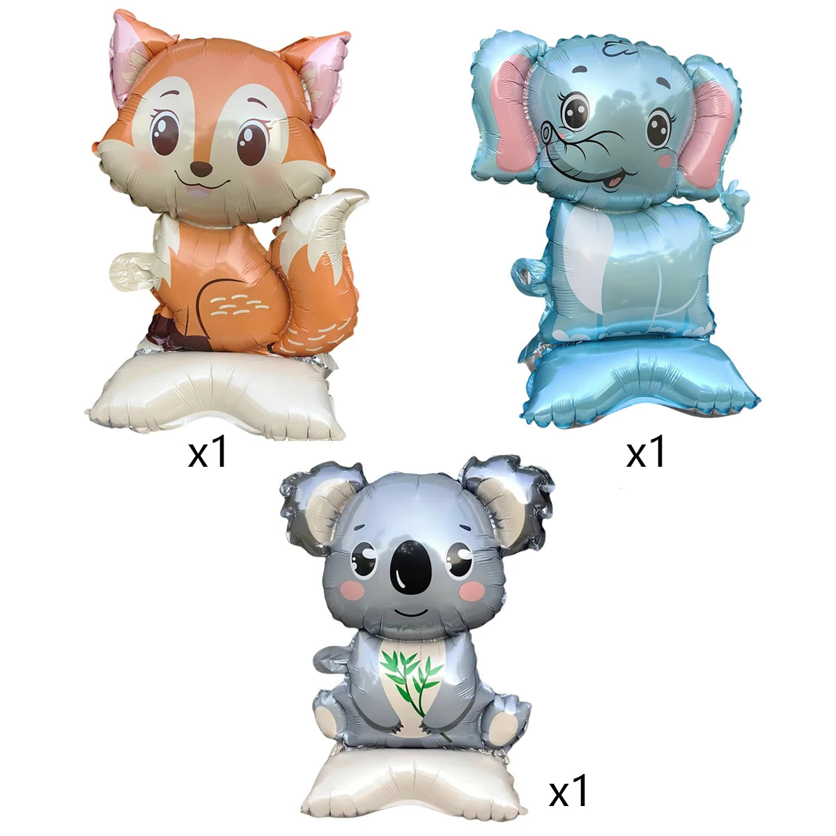 3/2 Stück Dschungel-Tier-Folienballons mit Ständer – Koala-Elefant-Fuchs für Geburtstag, Hochzeit, Karneval, Themendekorationen.