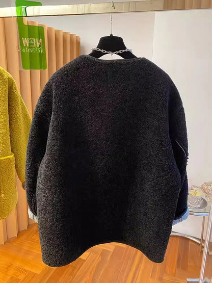 Hochwertige Lammwolljacke für Damen, lockerer warmer Samtmantel, 2025, neuer Frühling und Herbst, große Taschen, modische Oberbekleidung, M-3XL