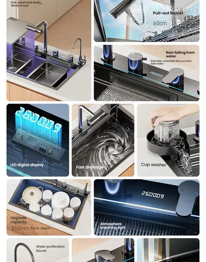 Household Intelligent Stainless Steel Kitchen Sink Digital Display Waterfall Wash Dish Basin Honeycomb Emboss Large Single Slot