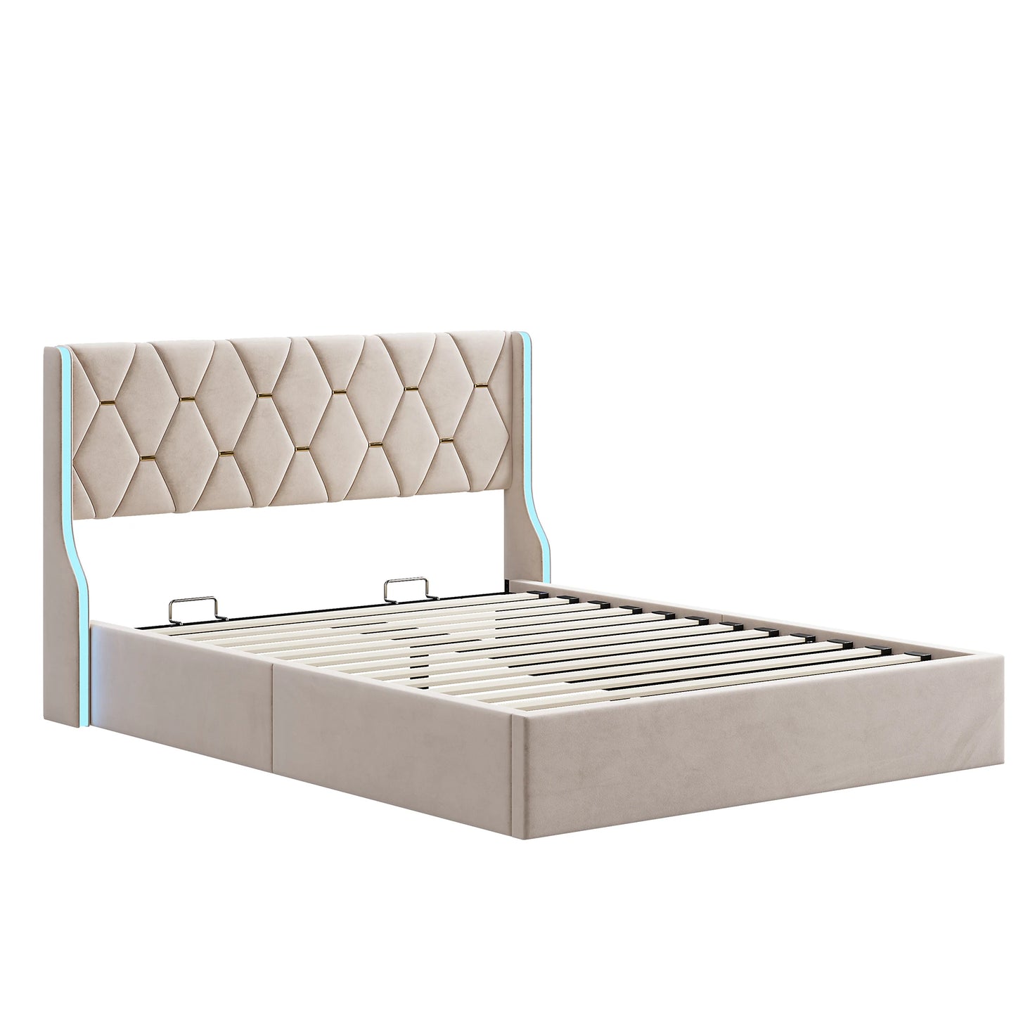 Comanlai 140 x 200 cm/160 x 200 cm hydraulisches Bett mit Stauraum, gepolstertes Bett mit Kopfteil, Kopfteil mit LED-Leuchten, Doppelbett, Flanell