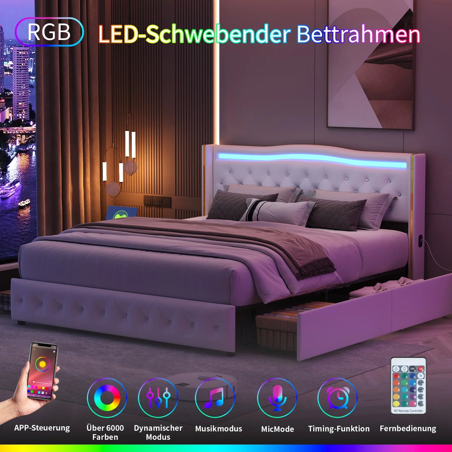 Lazyspace Diamond Embellishment Luxuriöses weißes PU-Polsterbett, Bettrahmen-Kopfteil mit bunten LED-Leuchten und USB-Anschluss