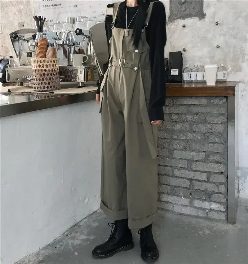 Jumpsuits Women Design Loose Fashion Vintage Students Spring Korean Style Straight Leisure Belt Simple Solid Elegant Tender Cozy.