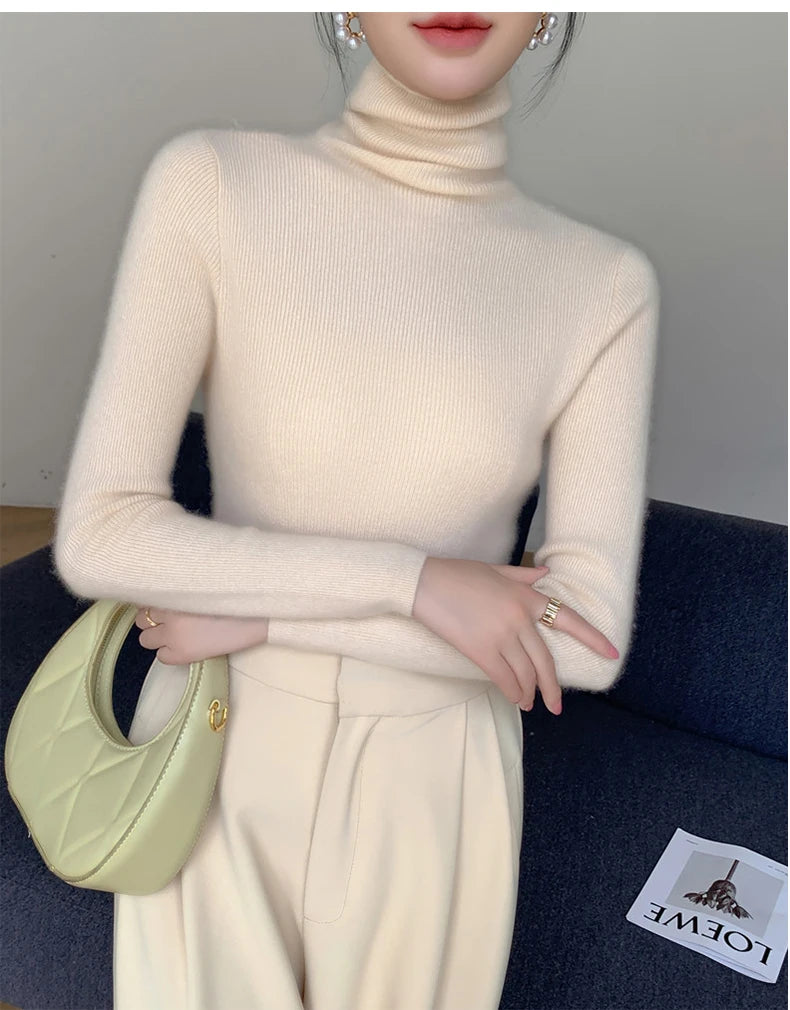 2025 herbst Winter Rollkragen Warme Jumper Lässig Feste Dünne Strickjacke Frauen Langarm Gestrickte Pullover Einfache Basis Schicht Top.